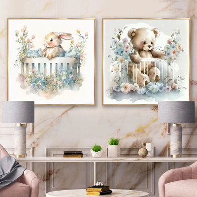 Bébé lapin en lit de bébé avec fleurs - ensemble de 2 animaux carrés
