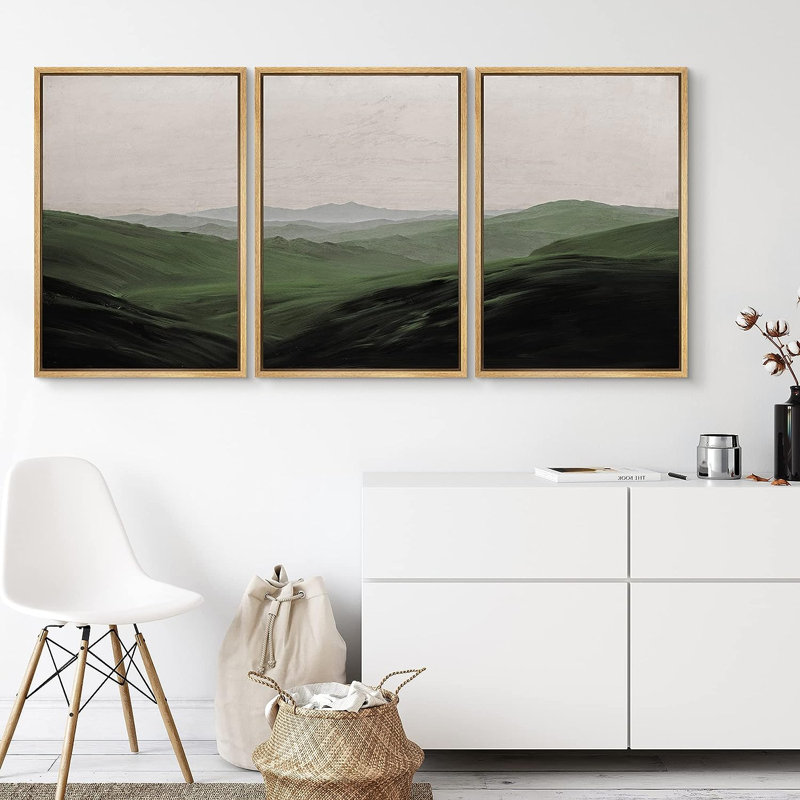 IDÉE4WALL, art mural sur toile encadré de 3 pièces, paysage de montagne vert, impression sur toile, décoration pour salon, chambre