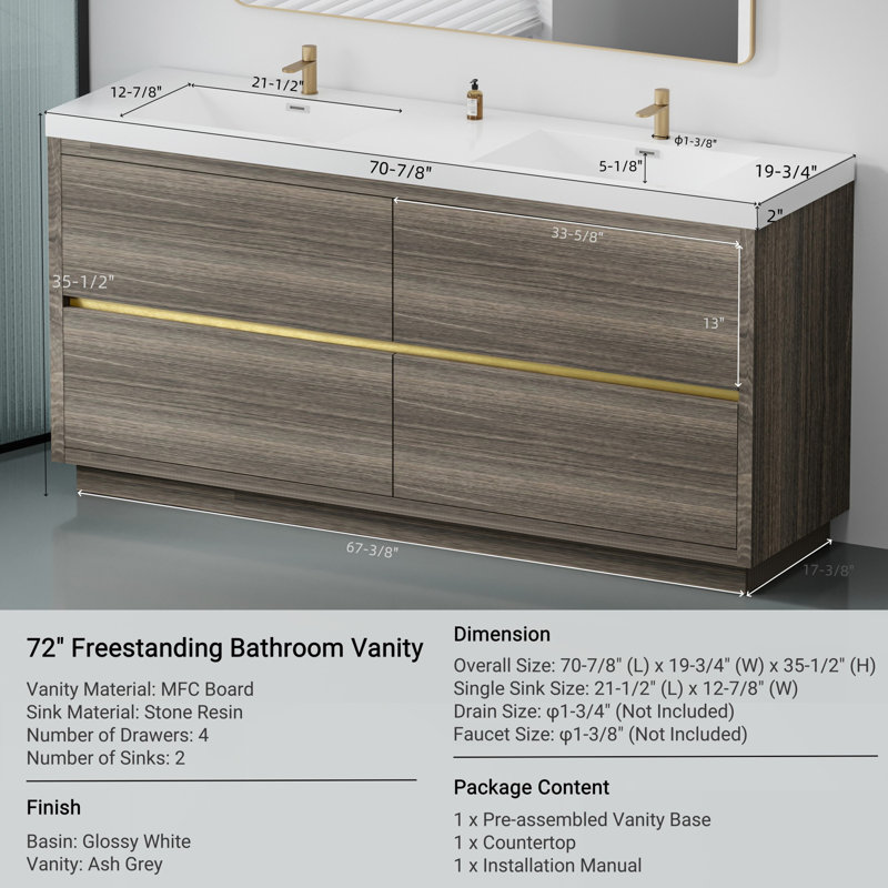 Meuble-lavabo autoportant avec lavabos doubles, Bois de frêne gris