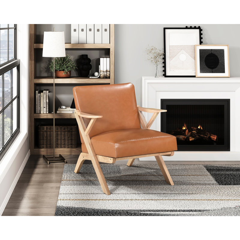 Chaise d'appoint avec structure en bois d'hévéa massif naturel et dossier en similicuir brun Chaise de salon: Hévéa, doublure