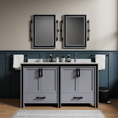 Ziva 60 in W x 22 in D Double Bath Vanity, White Top, 22 in Mirrors and Chrome Faucet Set