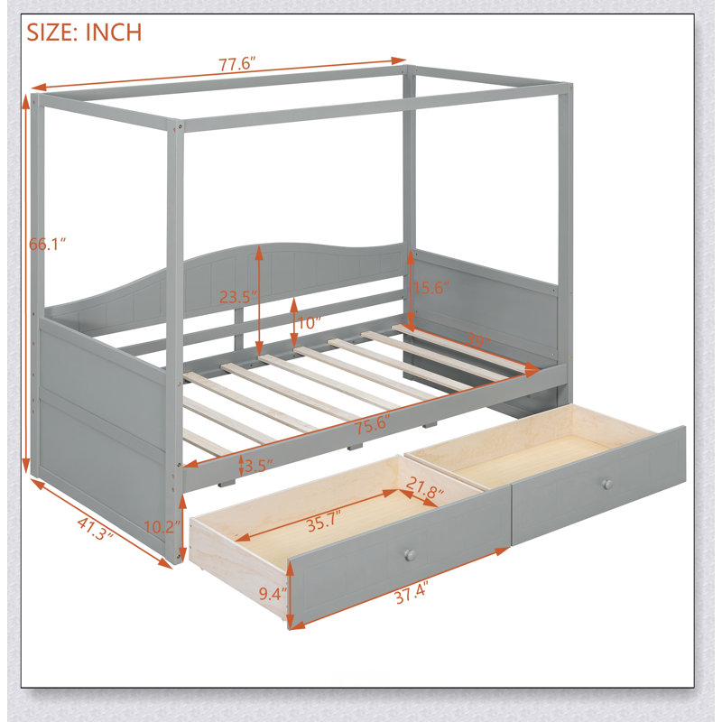 Canopy Day Bed With 2 Drawers, Gray