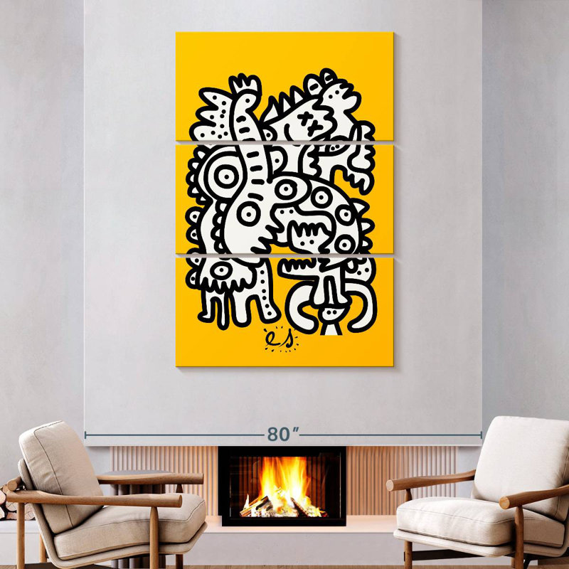Ashelle graffiti noir et blanc sur fond jaune, H 74 po x l 48 po