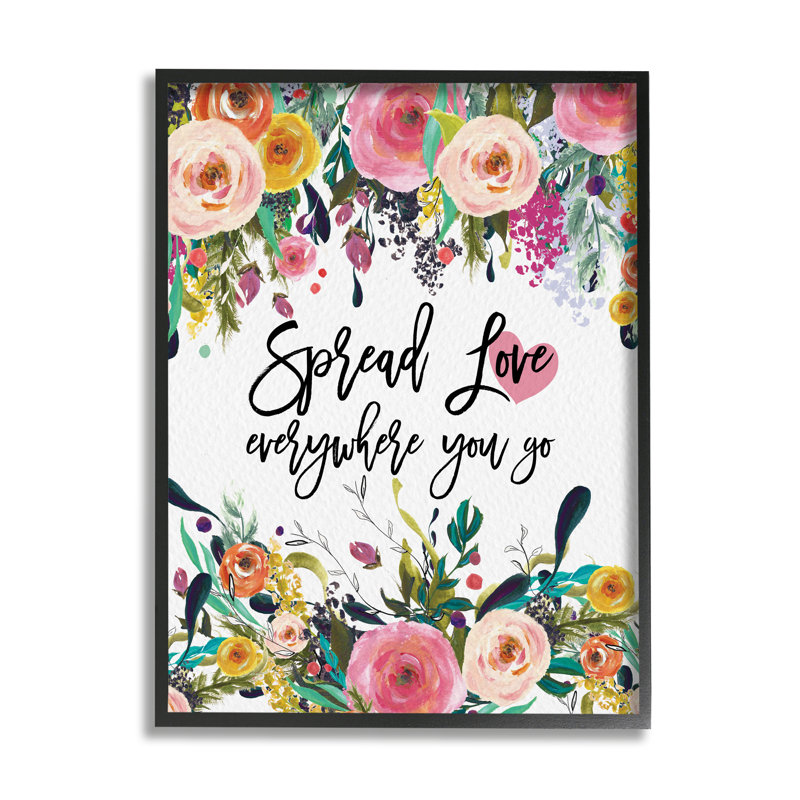 Spread Love, phrase, fleur rose, calligraphie par Amy Brinkman - impression, L 16 po x H 20 po, Giclée encadrée noir minuit