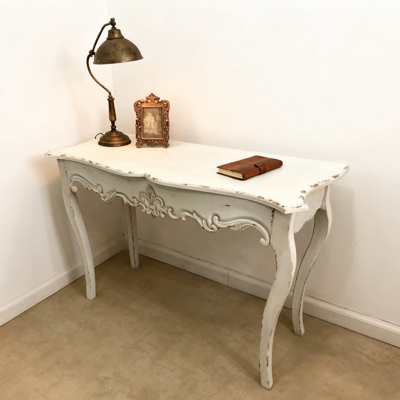 44" Distressed Console Table, Vintage Entry Table With Wood Carvings And Curved Legs For Living Room Hallway