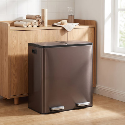 2 x 8 Gallon Stainless Steel Dual Compartment Trash Can Set With Inner Buckets And Trash Bag