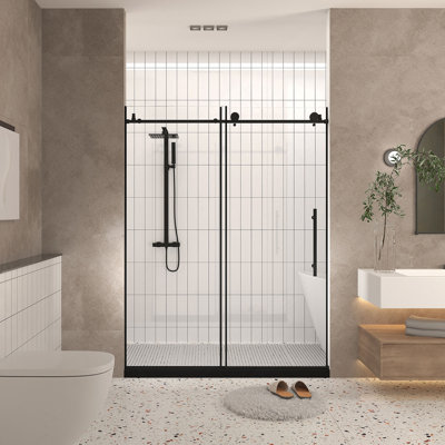 Porte de douche sans cadre l 56 à 60 po x H 76 po, verre trempé transparent de 1/4 po (6 mm), film antidéflagrant, poignée en acier inoxydable, noir mat
