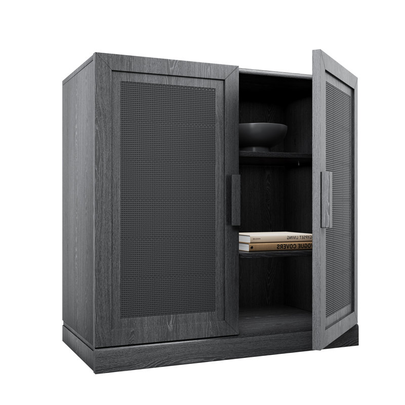 Armoire d'appoint en bois massif avec portes en rotin Caleb, Noir, H 36 po x l 31 po x P 16 po