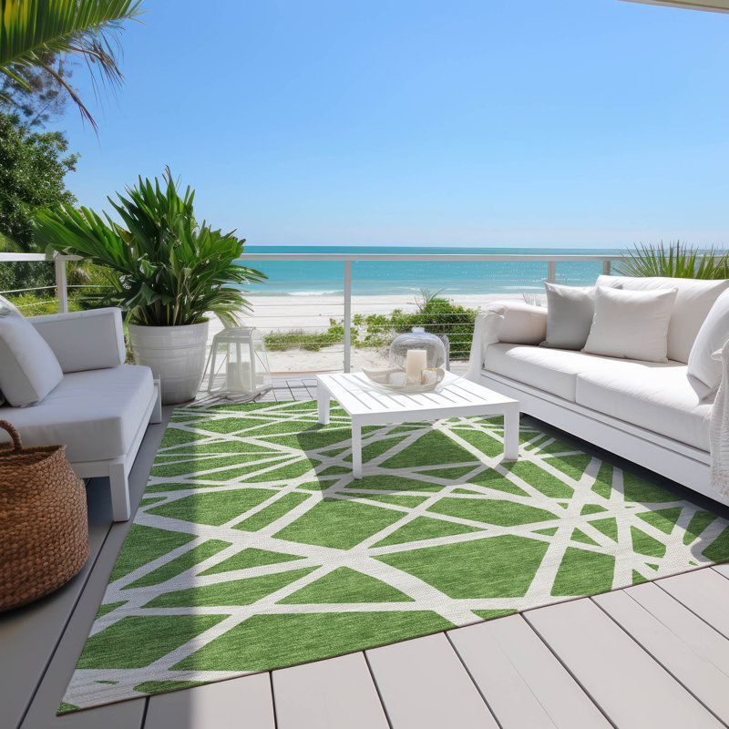 Green and White Geometric Washable Synthetic Rug