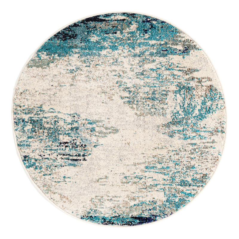 Abstract Beige/Blue Area Rug, Round 3'3"