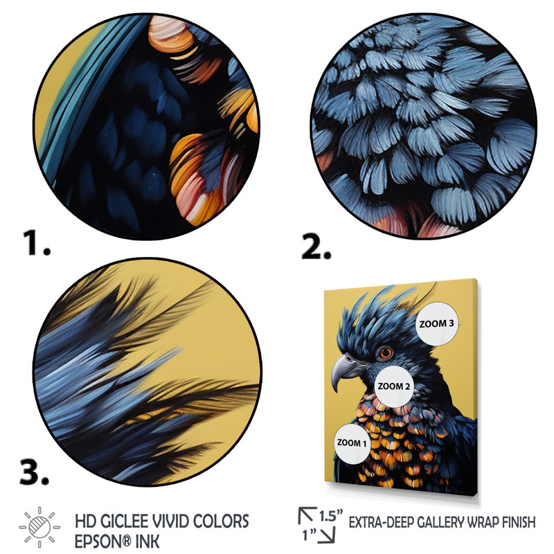 Bleu et jaune plumes majestueux perroquet V - art mural perroquet, Cadre doré simple, H 44 po x l 34 po x P 1,5 po