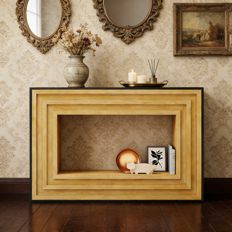 Console moderne à contraste moderne avec structure en bois stratifié pour la présentation et le rangement de l'entrée ou du salon.