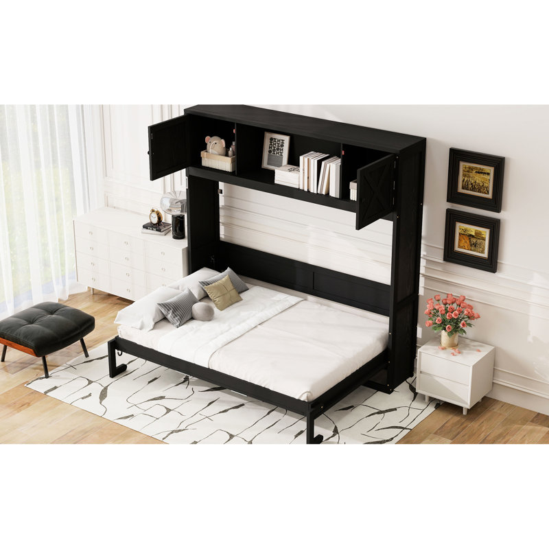 Lit double pleine grandeur, 3 armoires de rangement et décoration en X, structure en bois, garniture de lit facile à assembler, structure solide, peu encombrant pour les petites chambres
