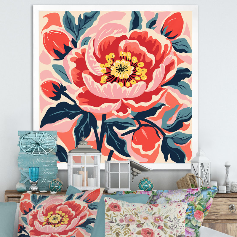 Pivoine rose et verte dans un style matisse - art mural pivoine, Cadre flottant noir, H 36 po x l 36 po x P 1,5 po