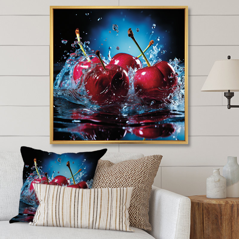 Cherry Eclipse 2 - Art mural cerise, Cadre flottant doré, H 30 po x l 30 po
