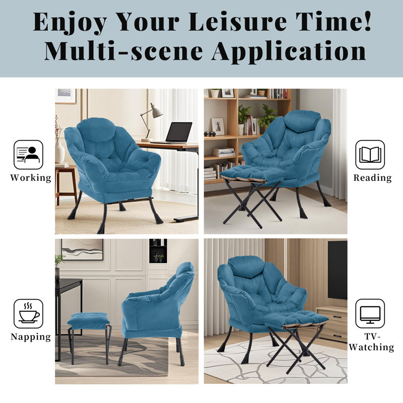 Upholstered Armchair with Footstool, Blue