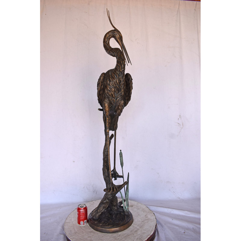 Crane Standing On A Branch Bronze Statue Fountain - Size: 13"L X 7"W X 43"H.