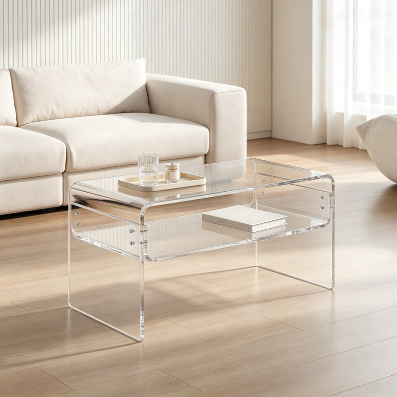 Table basse rectangulaire transparente en acrylique avec rangement ouvert, table d'appoint moderne pour salon, chambre, bureau ou réception