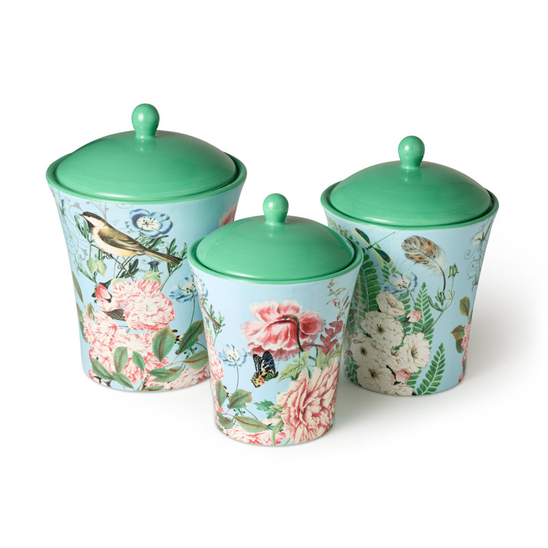 Flora Green Ceramic Canister Set with Butterfly Design, 3-Piece