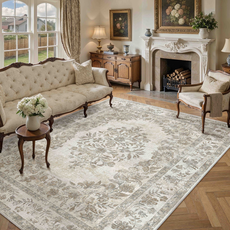 Tapis oriental lavable à la machine avec envers antidérapant Stella, Beige, Rectangulaire 8 pi x 10 pi