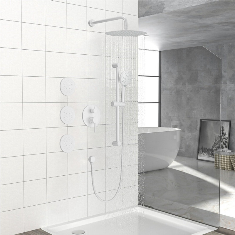 11.8-inch Wall Mount Shower Faucet Set with 3 Body Jets & Slide Bar Handheld Shower Head, White