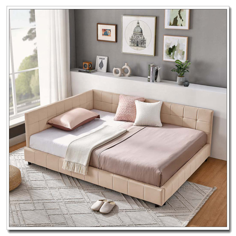 Upholstered Tufted Bed Frame, Sofa Bed Frame with Comfortable Backrest and Armrests, Pink