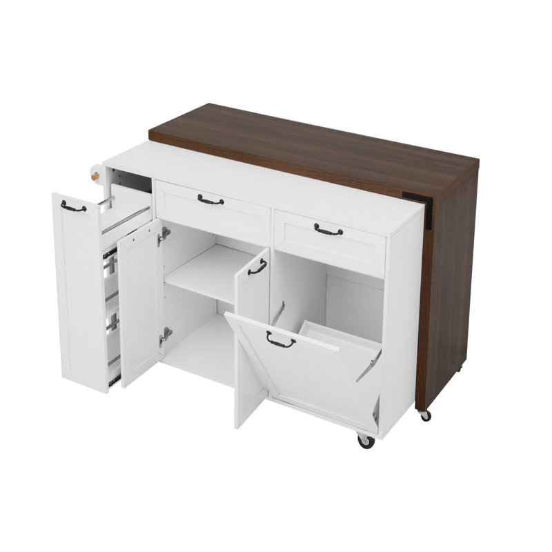 Îlot de cuisine l 102,3 po avec table de salle à manger extensible et armoire à ordures inclinable, tiroirs, étagère à épices coulissante