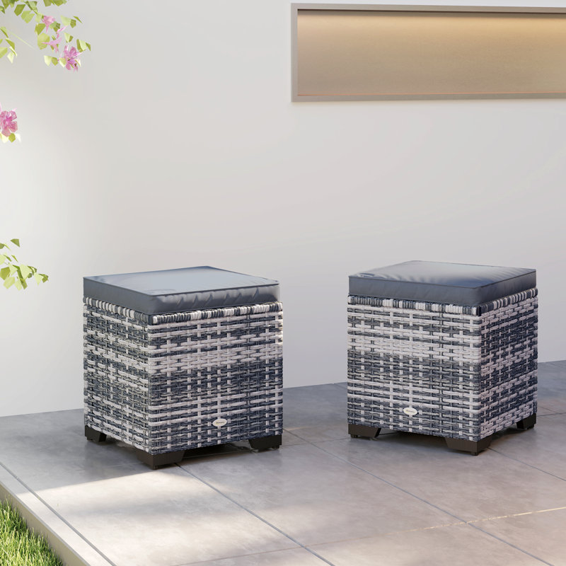 Outsunny Set of 2 Rattan Storage Ottoman Outdoor Footstool, Grey, Dark Grey