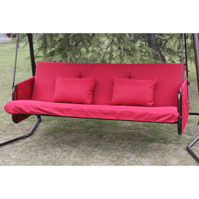 Balancelle d'extérieur rouge en métal pour 3 personnes. Fabrication en acier robuste. Siège en tissu, imperméable et. Auvent réglable. Peut être utilisé comme lit. Coussiné avec une éponge et du coton PP. Amélioré