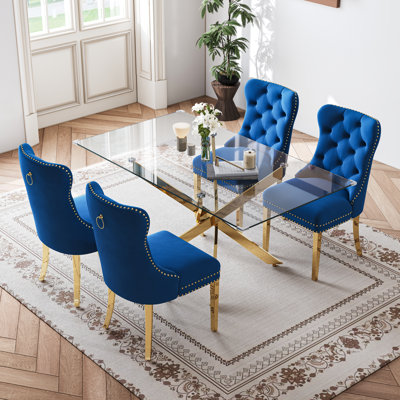 5-Piece Rectangular Glass Dining Set, 63" Modern Tempered Glass Dining Table With Velvet Upholstered Seats