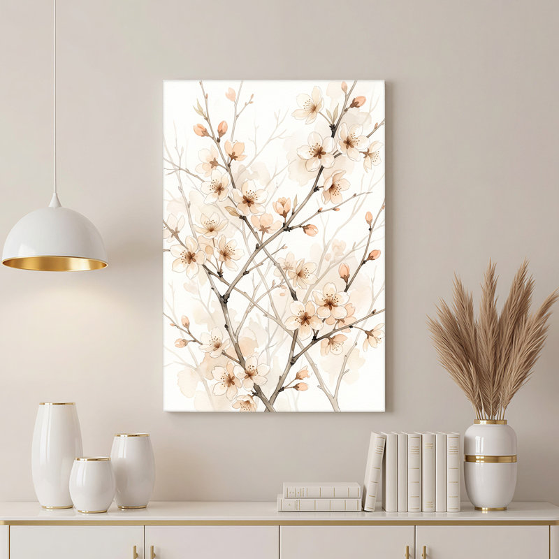 Art sur toile, branches de cerisier rose, H 18 po x l 12 po