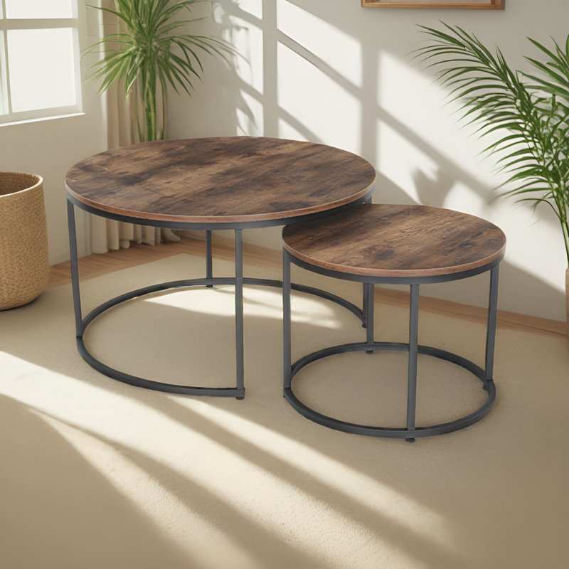 Oryan Frame Nesting Tables Set - 2-Tier Storage End Tables, Space Saving, Rustic Brown, Black