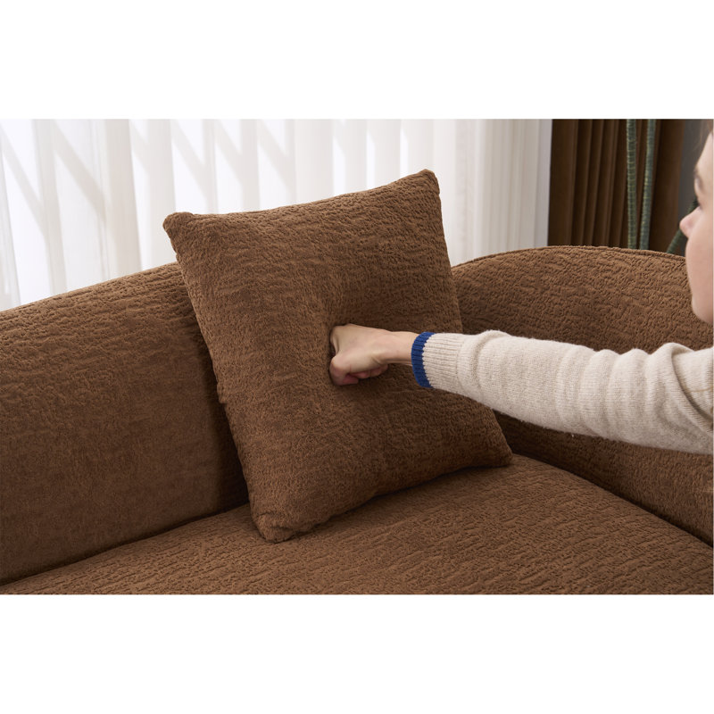 LY-048, chaise longue longue à compression avec méridienne courbée en chenille moderne pour l'intérieur, canapé-lit à assise profonde et 1 coussin, canapé-lit pour salon, chambre à coucher, appartement, caramel.