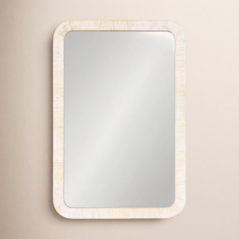 Breesport Rectangle Rattan Bathroom Wall Mirror, Whitewash, 35.75" x 24"