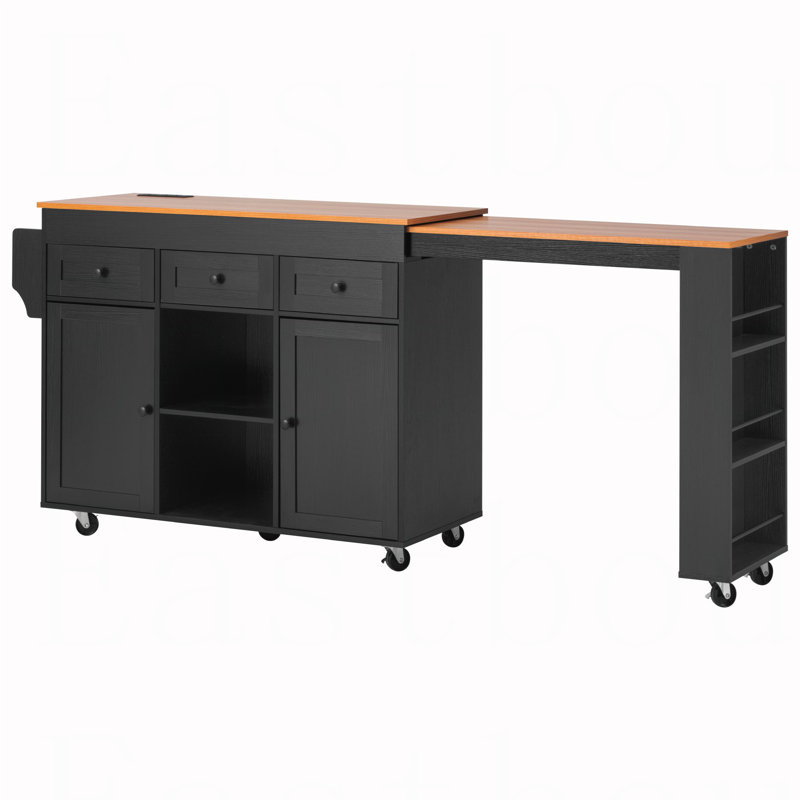 Îlot de cuisine 85,5 po avec table de salle à manger extensible, table de rangement avec 3 tablettes ouvertes latérales, îlot de cuisine roulant avec prise de courant, 3 tiroirs, 2 portes, pour la cuisine, la salle à manger, noir