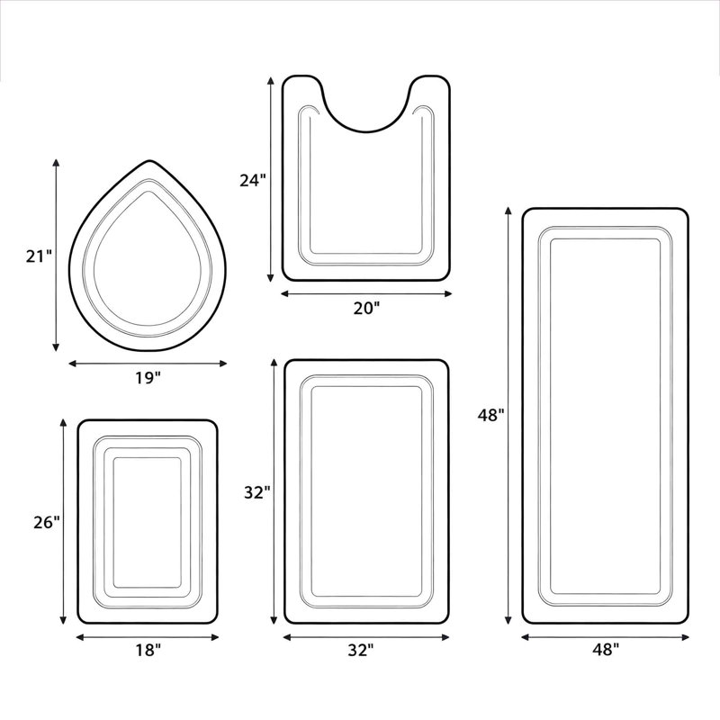 Ensemble de 5 tapis de bain lavables, antidérapants et rayés, Rouge