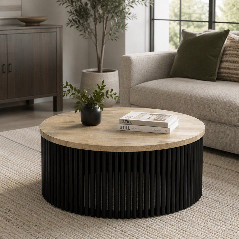 Table basse de 89 cm de large en bois de manguier massif, finition naturelle et noire.