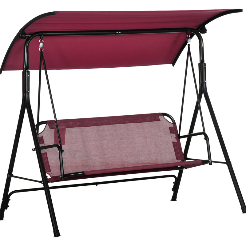 Balancelle à 3 porches avec filet respirant et auvent - extérieur rouge pour trois adultes profitant du patio, de la piscine