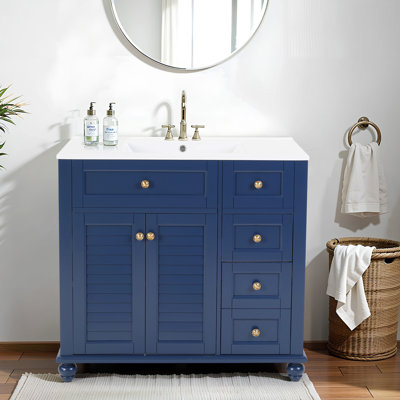 36" Blue Bathroom Vanity With Ceramic Sink, Solid Wood Frame, Soft-Close Functionality, And Comprehensive Storage Solutions - 92X47x86cm, Single Double Drawers, Adjustable Inner Shelves, 12"