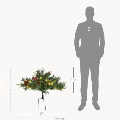 Cordless Artificial Christmas Tree with Warm White LED Lights, Red Berries and Pine Cones for Outdoor Entryway
