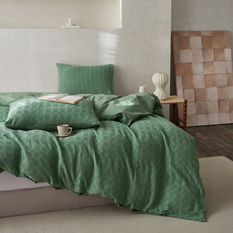 100% Waffle Weave Cotton Duvet Cover Set, Twin, Forest Green