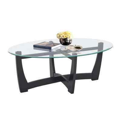 48" Oval Glass Coffee Table with Wood Base, Black