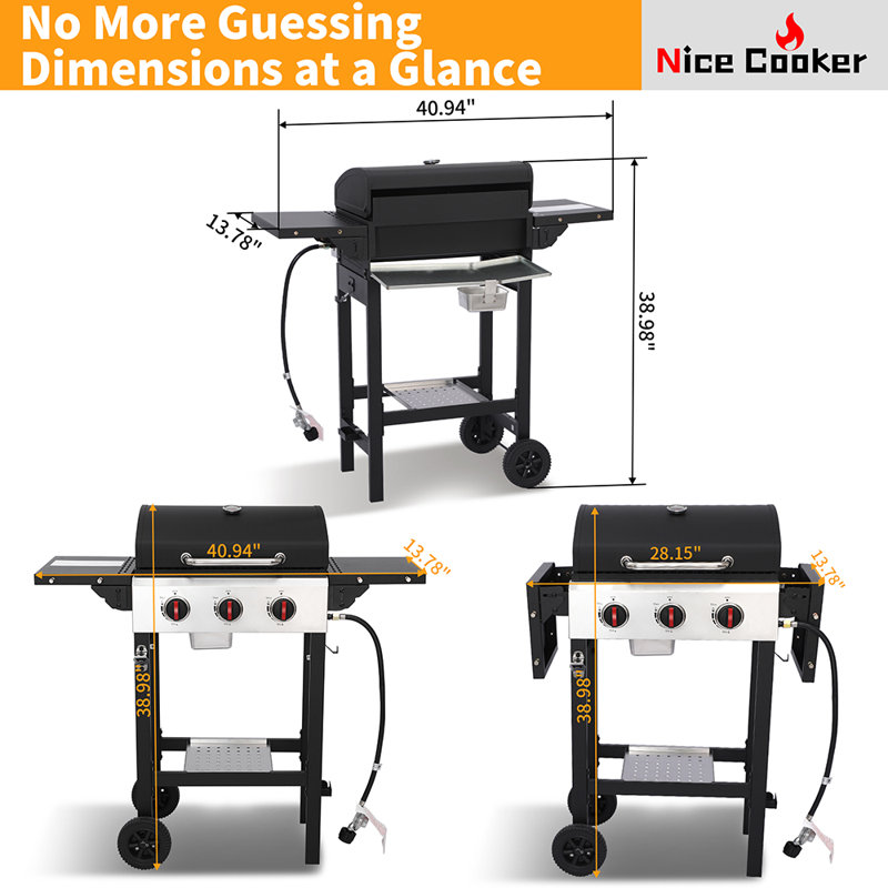 Barbecue au propane à 3 brûleurs avec grilles en fonte, 252 pieds carrés Po Barbecue pour barbecue, tablettes latérales pliables pour le camping en plein air, noir