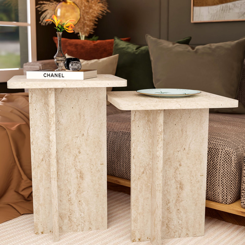 Travertine-style Square Nesting Tables Set Of 2 - Modern Coffee Table 