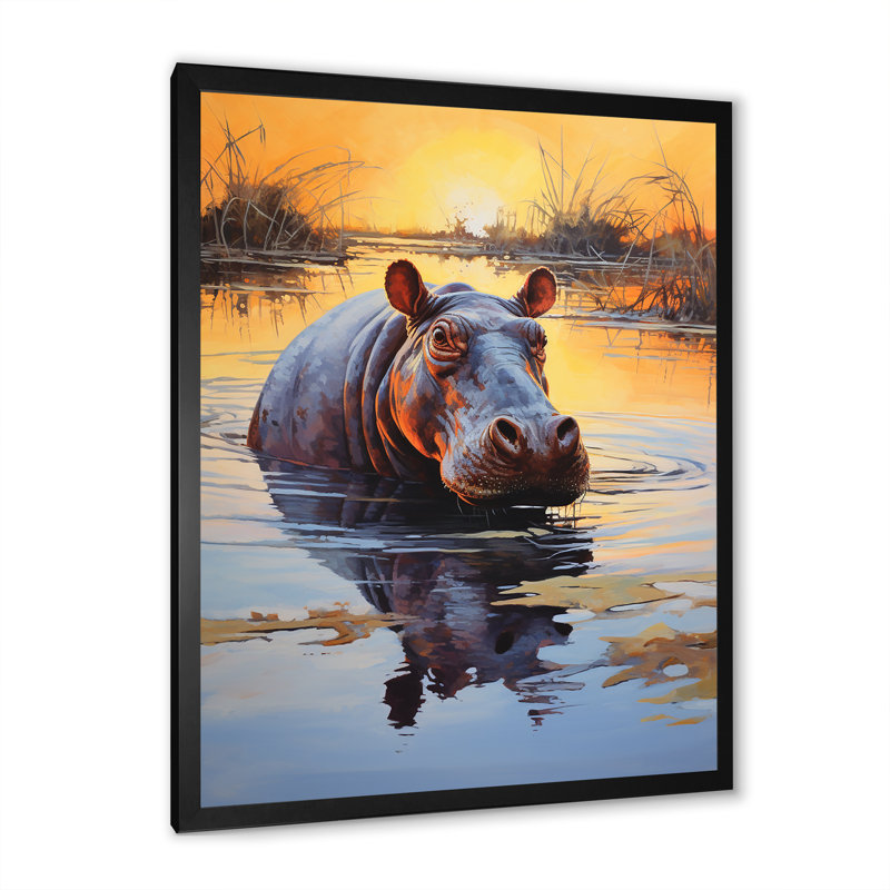 Hippopotame, roi de la savane 1 - Hippopotame, art mural, Cadre simple noir, H 32 po x l 24 po x P 1 po