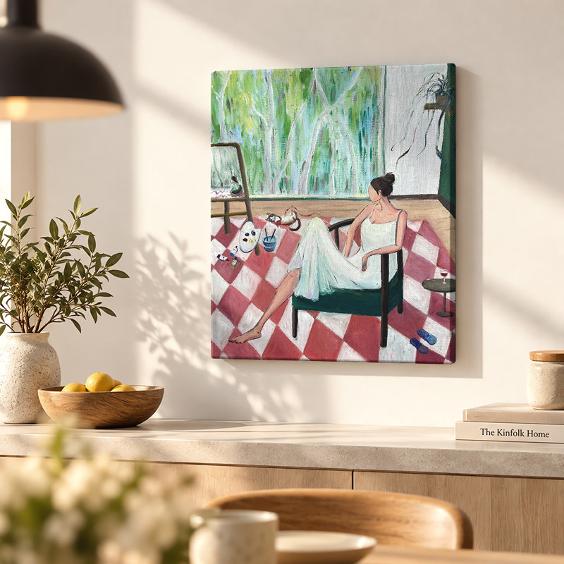 «Woman at Red Checkerboard Table», art mural, H 10 po x l 8 po, Cadre noir