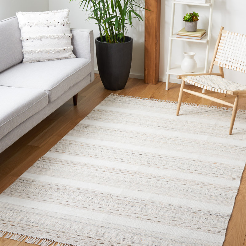 Cortland Striped Hand-Woven Flatweave Beige/Ivory Area Rug, Rectangle 6' x 9'