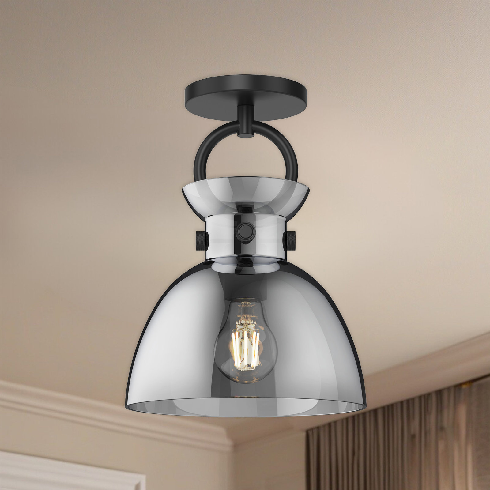 Tinka Single Light Glass Semi Flush Mount, Matte Black, Smoked