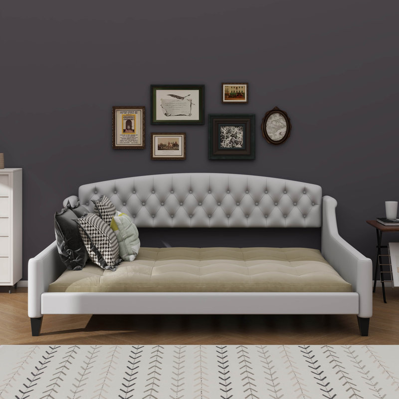 Elegant Modern Daybed Enhanced With Softly Tufted Button Details, Beige, Full