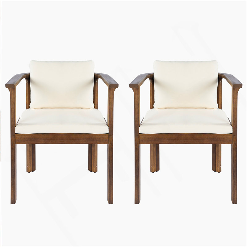 Ensemble de 2 chaises de salle à manger d'extérieur avec accoudoirs courbés en bois d'acacia, finition brune et coussins crème